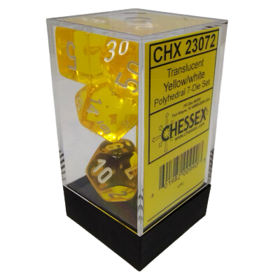 Ensemble 7 Dés Polyédriques Transparents: Jaune avec chiffres blancs