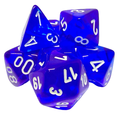 Ensemble 7 Dés Polyédriques Transparents: Bleu avec chiffres blancs