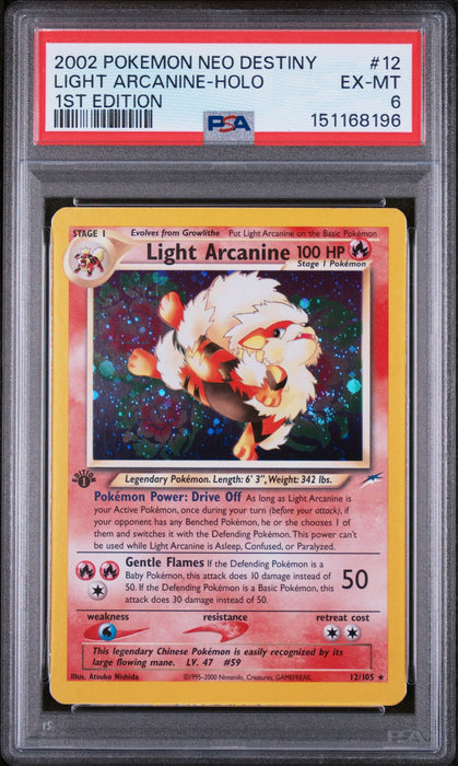 Light Arcanine - 12 - Neo Destiny - Holo Rare - 1st Edition Holofoil - PSA 6 - SWIRL