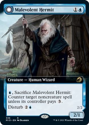 Malevolent Hermit // Benevolent Geist (MID-336) - rare: (Extended Art, Double Faced Transform)