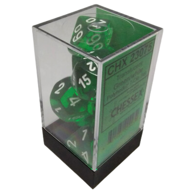 Ensemble 7 Dés Polyédriques Transparents: Vert avec chiffres blancs