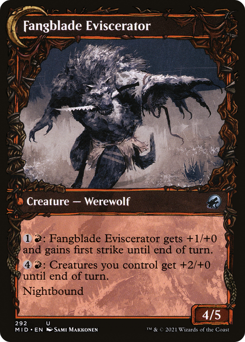 Fangblade Brigand // Fangblade Eviscerator (MID-292) - uncommon: (Showcase, Double Faced Transform)