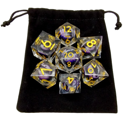 Set of 7 dice: Liquid Core Dragon eye - Translucent with purple and white eye in a black suedecloth pouch