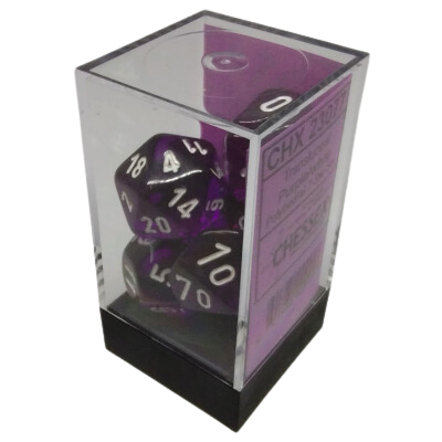 Ensemble 7 Dés Polyédriques Transparents: Violet avec chiffres blancs