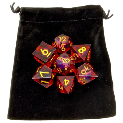 Ensemble de 7 dés: Liquid Core Oeil de Dragon - rouge avec pochette en suédine noir