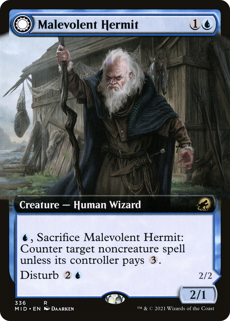 Malevolent Hermit // Benevolent Geist (MID-336) - rare: (Extended Art, Double Faced Transform)