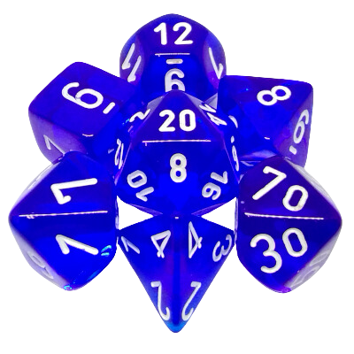 Ensemble 7 Dés Polyédriques Transparents: Bleu avec chiffres blancs