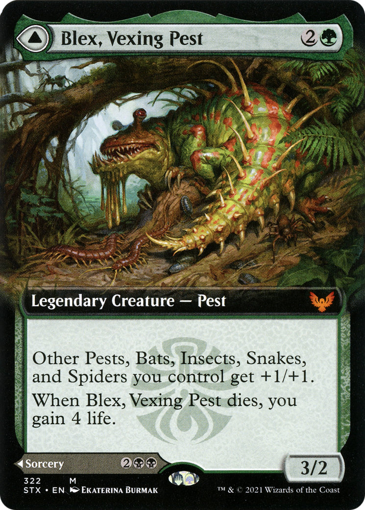 Blex, Vexing Pest // Search for Blex (STX-322) - mythic: (Extended Art)