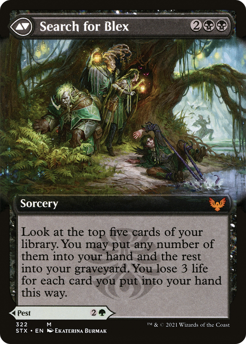 Blex, Vexing Pest // Search for Blex (STX-322) - mythic: (Extended Art)