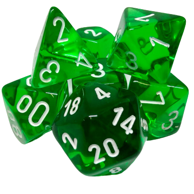 Ensemble 7 Dés Polyédriques Transparents: Vert avec chiffres blancs