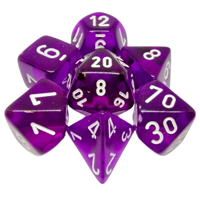 Ensemble 7 Dés Polyédriques Transparents: Violet avec chiffres blancs