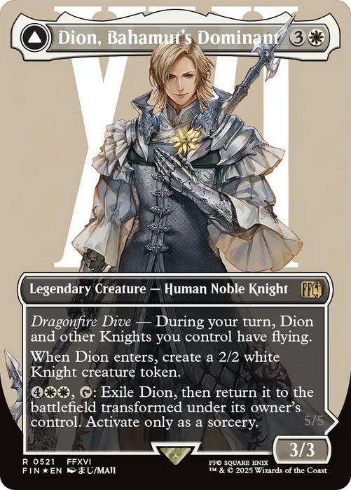 Dion, Bahamut's Dominant // Bahamut, Warden of Light (FIN-521) - rare: (enchantment) (Borderless) - Foil