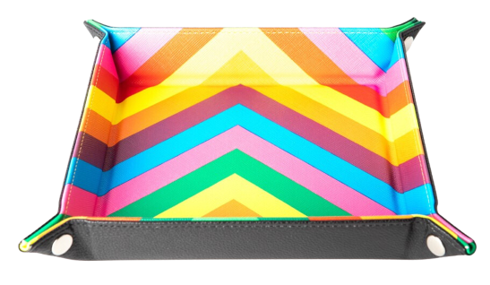 Fold up dice tray in rainbow velvet with leather