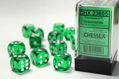D6 Transparents: Vert avec chiffres blancs (Paquet 12)