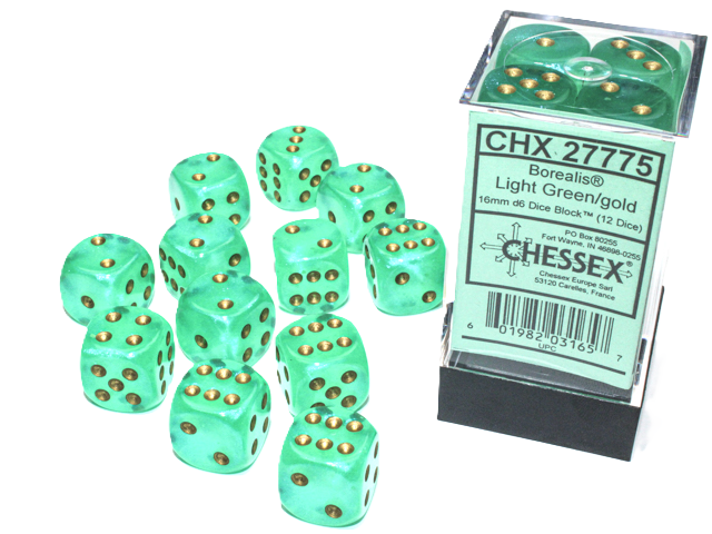 D6 Borealis: Vert clair avec chiffres dorés (Paquet de 12)