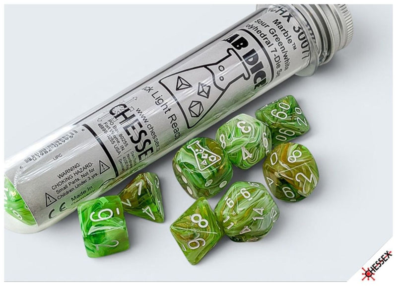 MARBLE 7-DICE SET POLYHEDRAL SOUR GREEN/WHITE (WITH BONUS DIE)