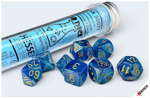 SHIMMER 7-DICE SET POLYHEDRAL AQUEOS/GOLD (WITH BONUS DIE)