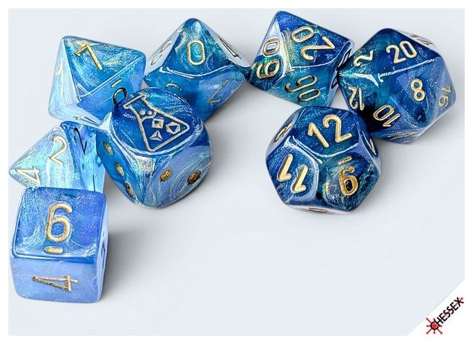 SHIMMER 7-DICE SET POLYHEDRAL AQUEOS/GOLD (WITH BONUS DIE)