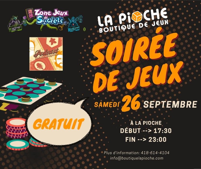 Soirée de jeux - 26 septembre 2026 - Spécial Zone Jeux de Société et De l'autre Côté du Plateau