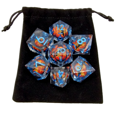 Ensemble de 7 dés: Liquid Core Oeil de Dragon - translucide bleu avec oeil rouge dans une pochette en suédine noir