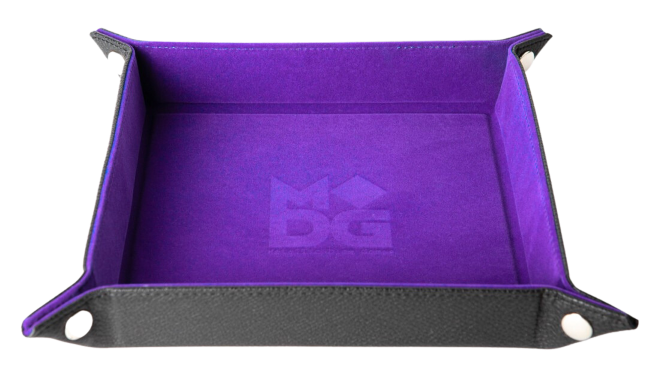 Fold up dice tray in purple velvet with leather