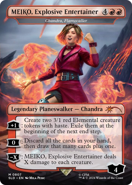 Chandra, Flamecaller (SLD-807) - mythic / MEIKO, Explosive Entertainer (Borderless) - Foil
