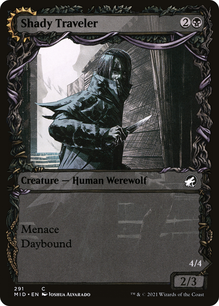 Shady Traveler // Stalking Predator (MID-291) - common: (Showcase, Double Faced Transform)