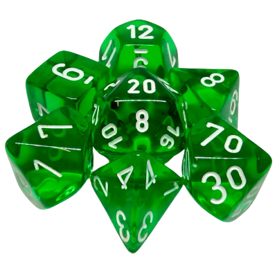 Ensemble 7 Dés Polyédriques Transparents: Vert avec chiffres blancs