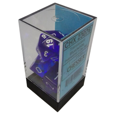 Ensemble 7 Dés Polyédriques Transparents: Bleu avec chiffres blancs