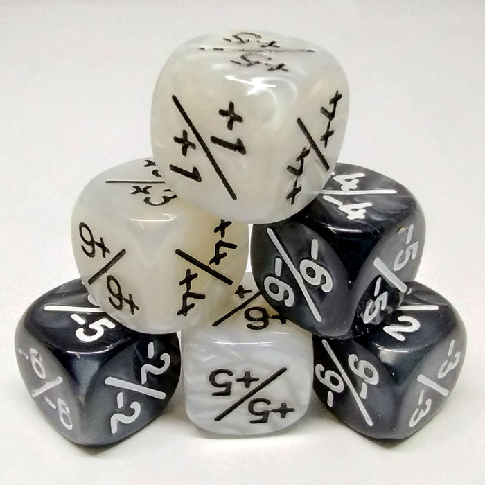 Dice (12mm) positive and negative modifiers: black & pearl white (set of 36)