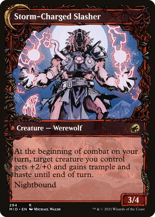 Reckless Stormseeker // Storm-Charged Slasher (MID-294) - rare: (Showcase, Double Faced Transform)