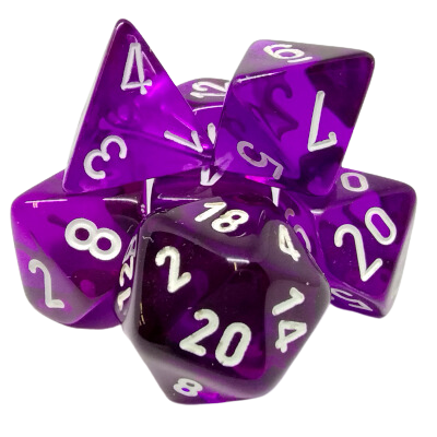 Ensemble 7 Dés Polyédriques Transparents: Violet avec chiffres blancs