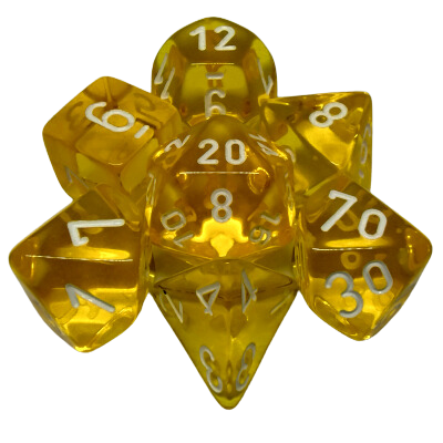 Ensemble 7 Dés Polyédriques Transparents: Jaune avec chiffres blancs