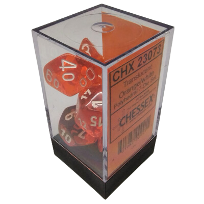 Set 7 transparent polyhedral dice: orange with white figures