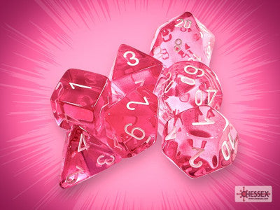 Ensemble 7 Dés Polyédriques Transparents: rose avec chiffres blancs