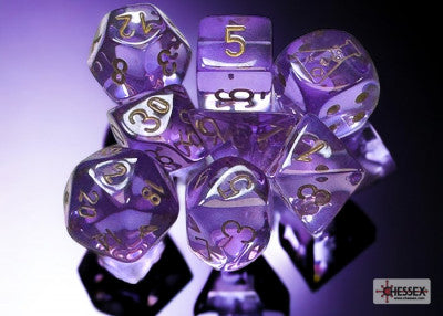 Ensemble de 7 dés polyédriques Lab Dice: Translucides lavande avec chiffres dorés (D6 Bonus)