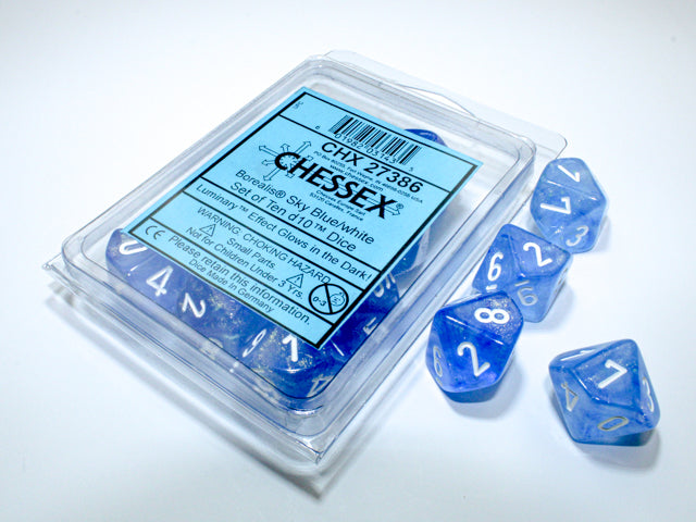 d10 polyédriques Borealis Luminary: Bleu Ciel avec chiffres blancs (Paquet 10)