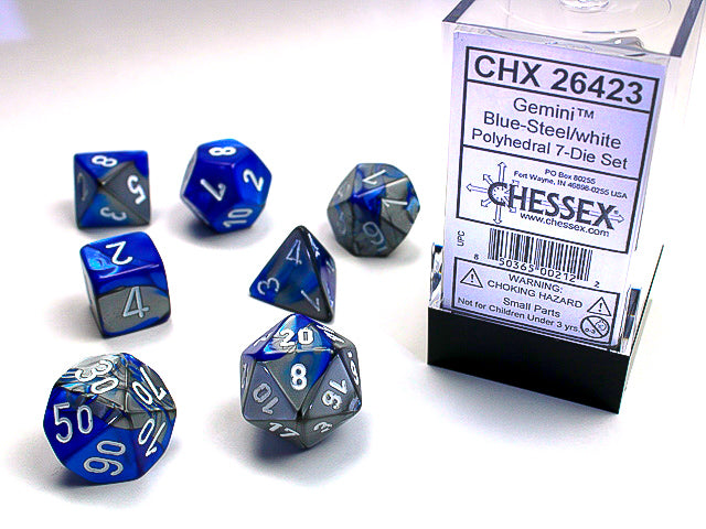 Set of 7 Polyedrical Dice Gemini:  blue Steel with white figures