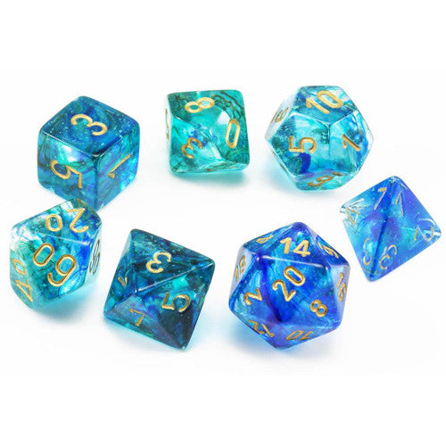 Ensemble 7 Dés Polyédriques Nébuleux: Bleu océan avec chiffres dorés
