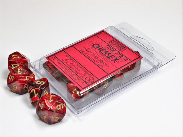 d10 Polyhédriques Vortex: Bourgogne avec chiffres or (Paquet 10)