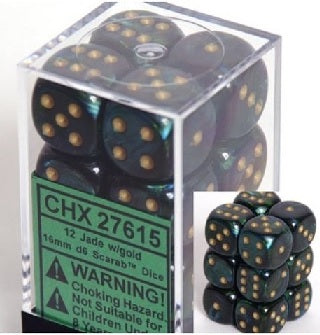 D6 Scarabé: Jade avec chiffres dorés (Paquet de 12)