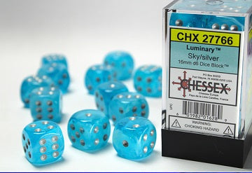 D6 Lumineux: Bleu ciel avec chiffres argents (Paquet de 12)