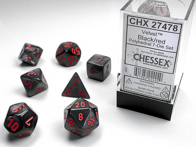 Ensemble 7 Dés Polyédriques Velour: noir avec chiffres rouges