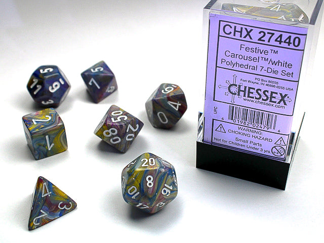 Set of 7 festive polyhedral dice: carousel with white figures
