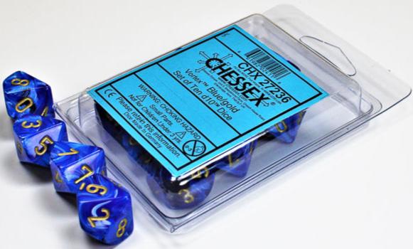 d10 Polyhédriques Vortex: Bleu avec chiffres or (Paquet 10)