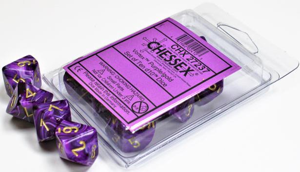 d10 Polyhédriques Vortex: Violet avec chiffres or (Paquet 10)