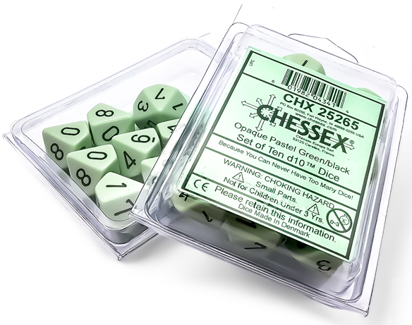 Pastel opaque polyederic d10: green with black figures (Pack of 10)