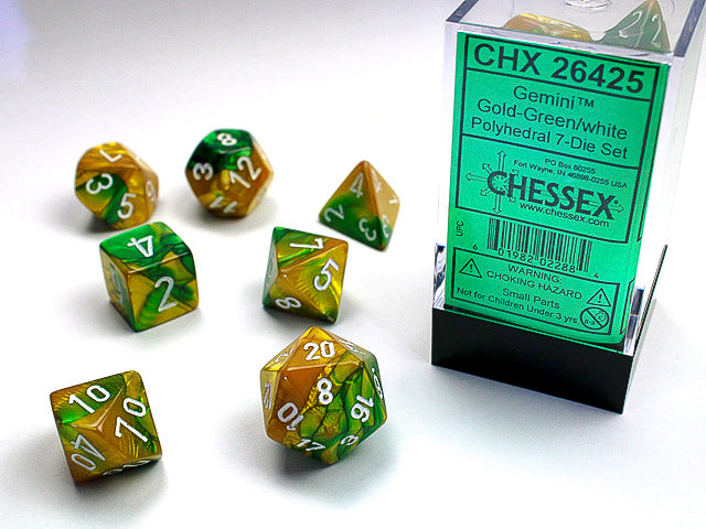 Set of 7 gemini polyhedral dice: gold green with white figures