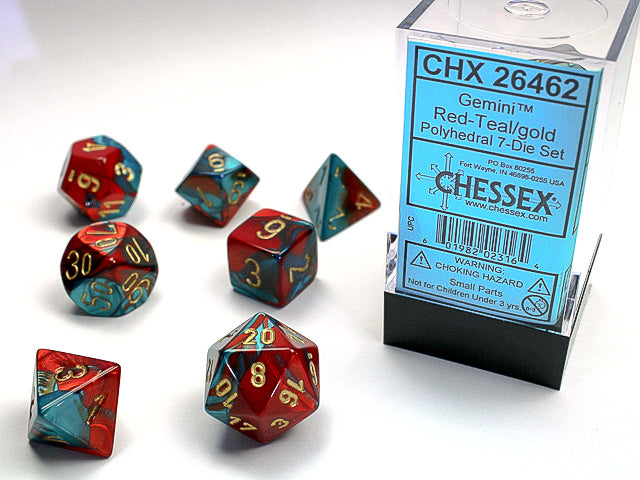Set of 7 Polyedrical Dice Gemini: Red Teal with gold figures