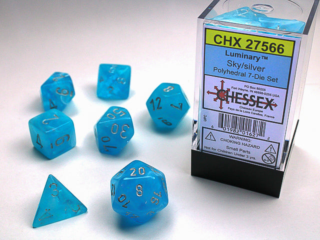 Ensemble 7 Dés Polyédriques Lumineux: Bleu ciel avec chiffres argents